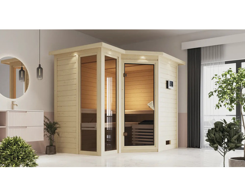 Elementsauna Karibu Limonit inkl. 9 kW Ofen u.integr.Steuerung mit Dachkranz und bronzierter Ganzglastüre Ecksauna aus Holz mit Glastür in einem hellen Raum