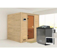 Sauna mit Holzverkleidung, Glastür und Saunaofen