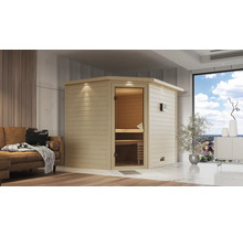 Ecksauna aus Holz mit Glastür in einem Wohnraum