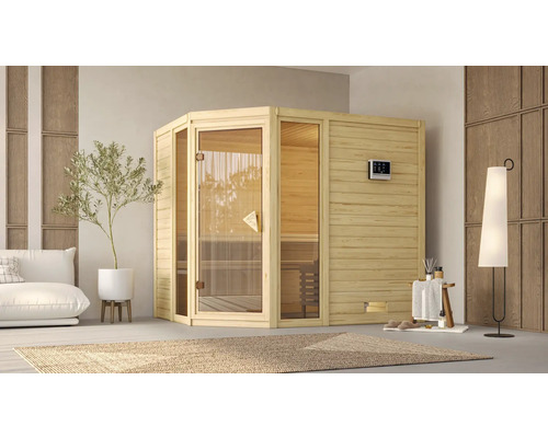 Elementsauna Karibu Tinai 3 inkl. 9kW Bio Ofen u.ext.Steuerung ohne Dachkranz mit bronzierter Ganzglastüre