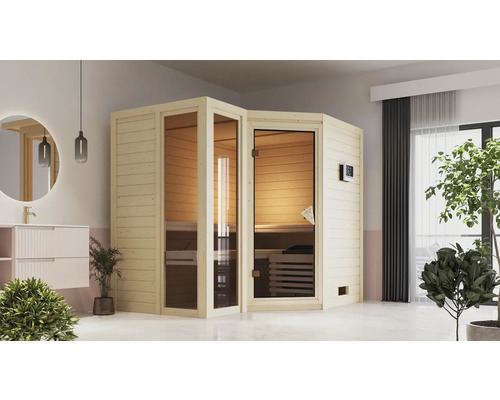 Elementsauna Karibu Tamara ohne Ofen mit Dachkranz und bronzierter Ganzglastüre Ecksauna mit Glastür und Bedienfeld in einem hellen Badezimmer