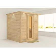 Holzsauna mit Glastür und Beleuchtung