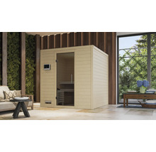 Freistehende Sauna mit Glastür in einem hellen Raum