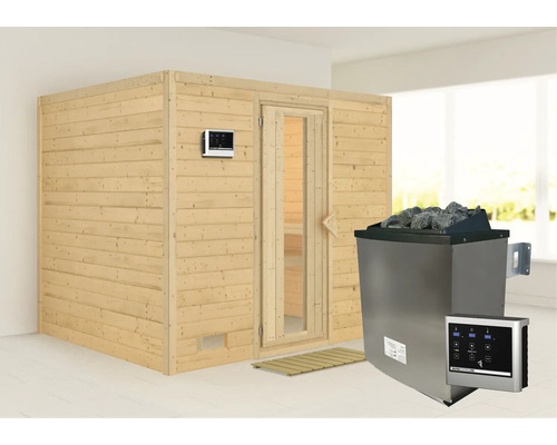 Massivholzsauna Karibu Monara inkl. 9 kW Ofen u.ext.Steuerung ohne Dachkranz mit Holztüre und Isolierglas wärmegedämmt