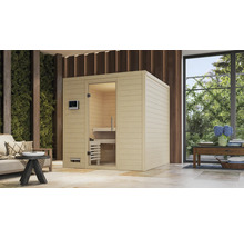 Freistehende Sauna aus Holz mit Glastür in einem hellen Raum