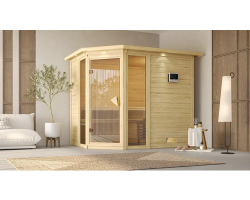 Massivholzsauna Karibu Saphir ohne Ofen mit Dachkranz und bronzierter Ganzglastüre Innenraum mit Holzsauna und Glaselementen
