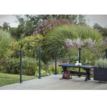 Gartenszene mit Glasgeländer, Holzboden, Bank und üppiger Bepflanzung