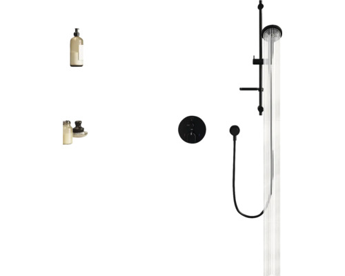 Dusche mit Kopfbrause, Handbrause und Thermostatarmatur im modernen Badezimmer