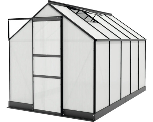 Gewächshaus mit geöffneter Tür und Dachfenstern