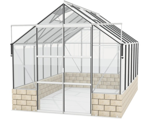 Gewächshaus mit Aluminiumrahmen und Basis aus Stein