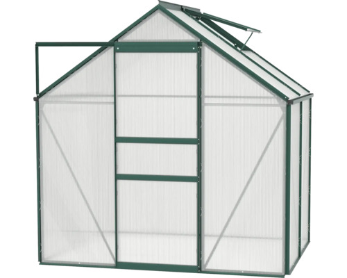 Gewächshaus mit offener Tür und Dachfenster