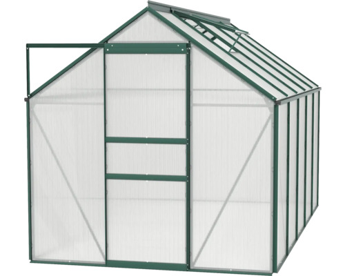 Gewächshaus mit geöffneter Tür und Dachfenster zur Pflanzenzucht