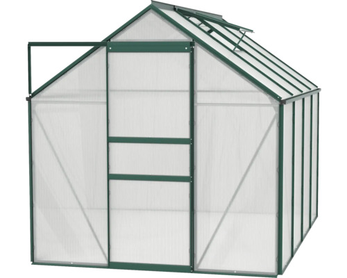 Gewächshaus mit geöffneter Tür und Dachfenster