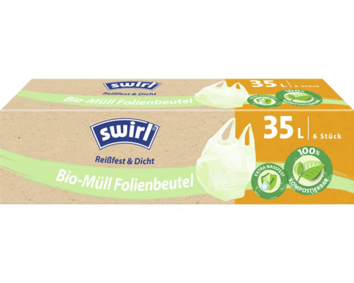 Bio-Müllbeutel mit Tragegriff Swirl® 35 l 6 Stk. weiß Verpackungseinheit Swirl Bio Müllbeutel mit 35 Liter Fassungsvermögen und sechs Stück Inhalt