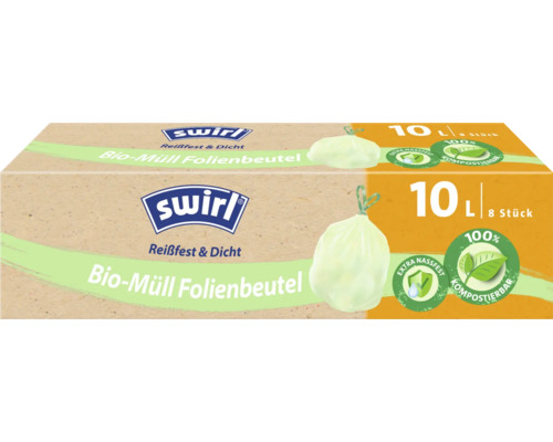 Bio-Müllbeutel mit Zuziehband Swirl® 10 l 8 Stk. weiß Swirl Biomüllbeutel 10 Liter, 8 Stück, reißfest und dicht, kompostierbar