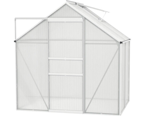 Gewächshaus mit geöffneter Tür.