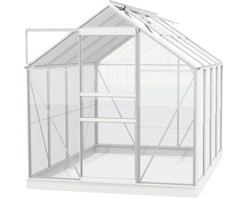 Gewächshaus mit geöffneter Tür und Dachfenster