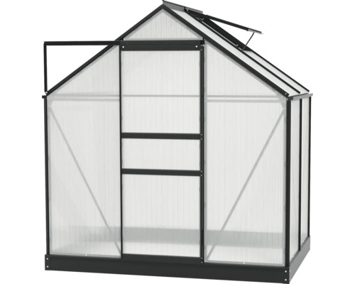 Gewächshaus mit geöffneter Tür und Dachfenster