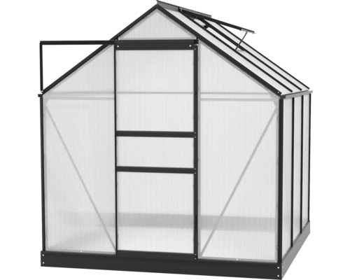 Gewächshaus mit geöffneter Tür und Dachfenster