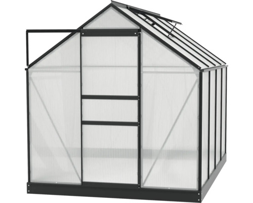 Gewächshaus mit geöffneter Tür und Dachfenster
