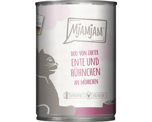 Katzenfutter nass MjAMjAM Duo von Ente und Hühnchen an Möhrchen 400 g getreidefrei, glutenfrei Katzenfutter nass MjAMjAM Duo von Ente und Hühnchen an Möhrchen 400 g getreidefrei, glutenfrei