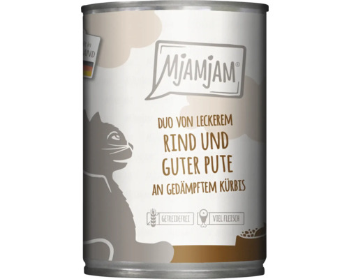 Katzenfutter nass MjAMjAM Duo von Rind und Pute an gedämpftem Kürbis 400 g getreidefrei, glutenfrei Katzenfutter nass MjAMjAM Duo von Rind und Pute an gedämpftem Kürbis 400 g getreidefrei, glutenfrei