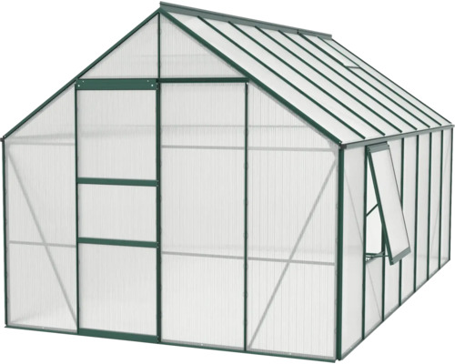 Gewächshaus mit geöffnetem Fenster und Tür.