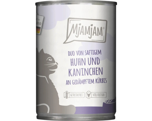 Katzenfutter nass MjAMjAM Duo von Huhn und Kaninchen an gedämpftem Kürbi 400 g getreidefrei, glutenfrei Katzenfutter nass MjAMjAM Duo von Huhn und Kaninchen an gedämpftem Kürbi 400 g getreidefrei, glutenfrei