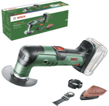 Bosch Universal Multi 18V-32 Akku-Multifunktionswerkzeug mit Zubehör und Produktverpackung