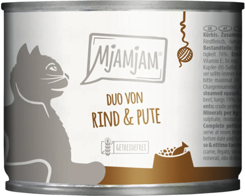 Katzenfutter nass MjAMjAM Duo Rind und Pute 200 g getreidefrei, glutenfrei Katzenfutter nass MjAMjAM Duo Rind und Pute 200 g getreidefrei, glutenfrei