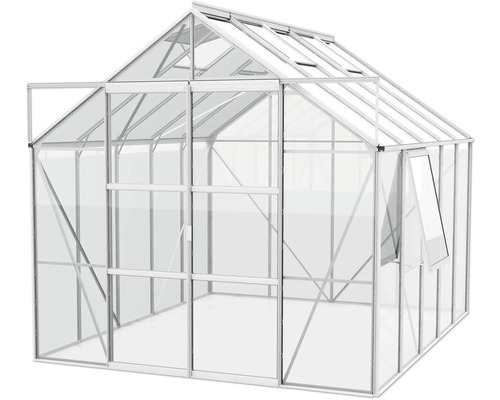 Gewächshaus mit geöffneter Tür und Fenster