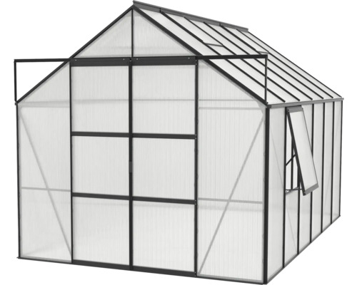 Gewächshaus mit geöffneter Tür und Fenster zur Pflanzenzucht