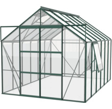 Gewächshaus mit geöffneter Tür und Fenster für den Garten