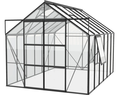 Gewächshaus mit geöffneter Tür und Fenster zur Pflanzenzucht