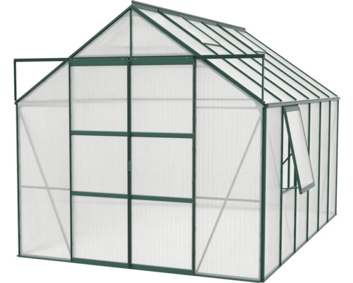 Gewächshaus mit geöffneter Tür und Fenster