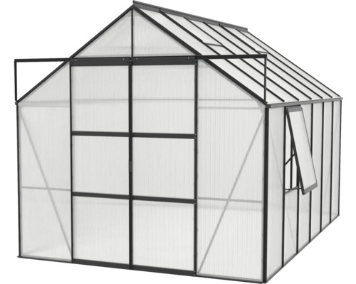 Gewächshaus mit geöffneter Tür und Fenster