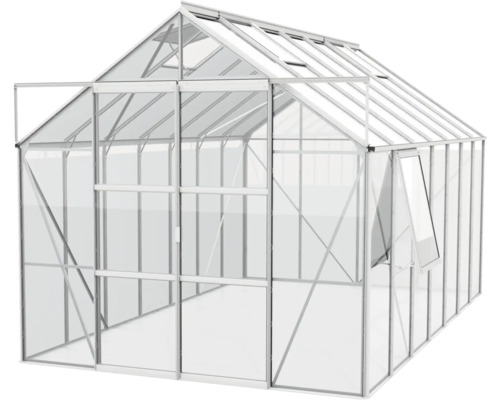 Gewächshaus mit Aluminiumrahmen und geöffneter Tür