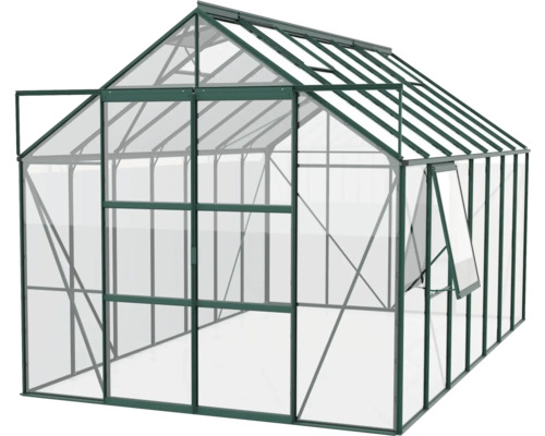 Gewächshaus mit geöffneten Fenstern und Tür.