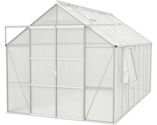 Gewächshaus mit geöffneter Tür und Fenster