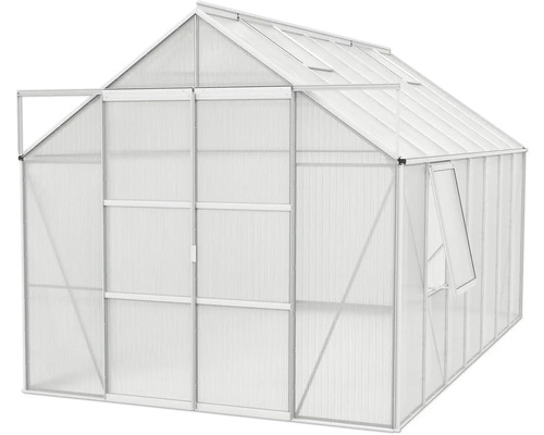 Gewächshaus mit geöffneter Tür und Fenster für den Garten