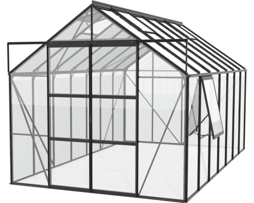 Gewächshaus mit geöffneten Fenstern und Tür zur Pflanzenzucht