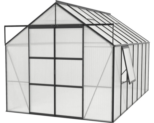 Gewächshaus mit geöffneter Tür und Fenster