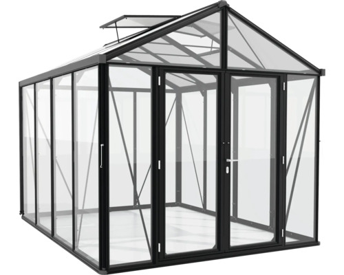 Gewächshaus mit Glasfront und schwarzem Rahmen