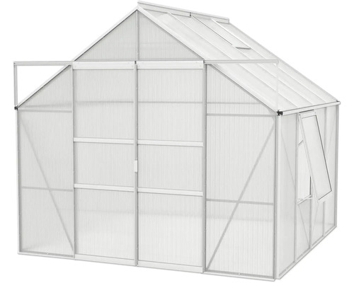 Gewächshaus mit geöffneter Tür und Fenster