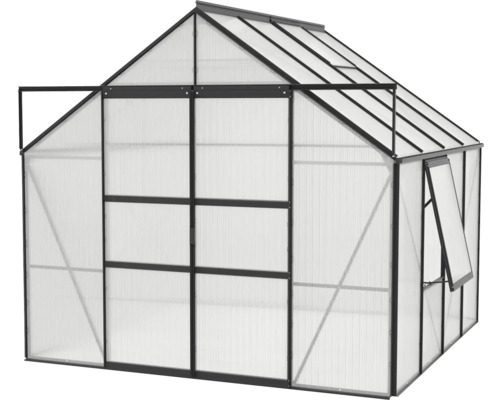 Gewächshaus mit schwarzem Rahmen und transparenten Wänden