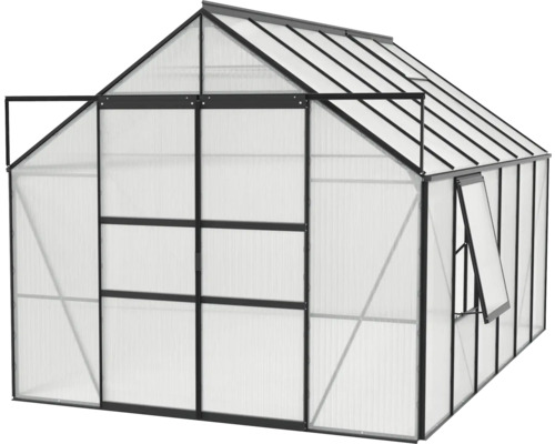 Gewächshaus mit geöffneter Tür und Fenster
