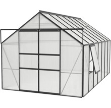 Gewächshaus mit geöffneter Tür und Fenster.