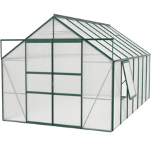 Gewächshaus mit geöffneter Tür und Fenster für den Garten