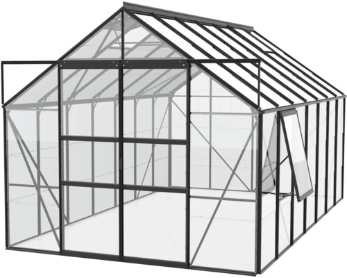 Gewächshaus mit geöffneter Tür und Fenster