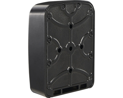 Rückseite eines schwarzen Gehäuses mit Befestigungslöchern